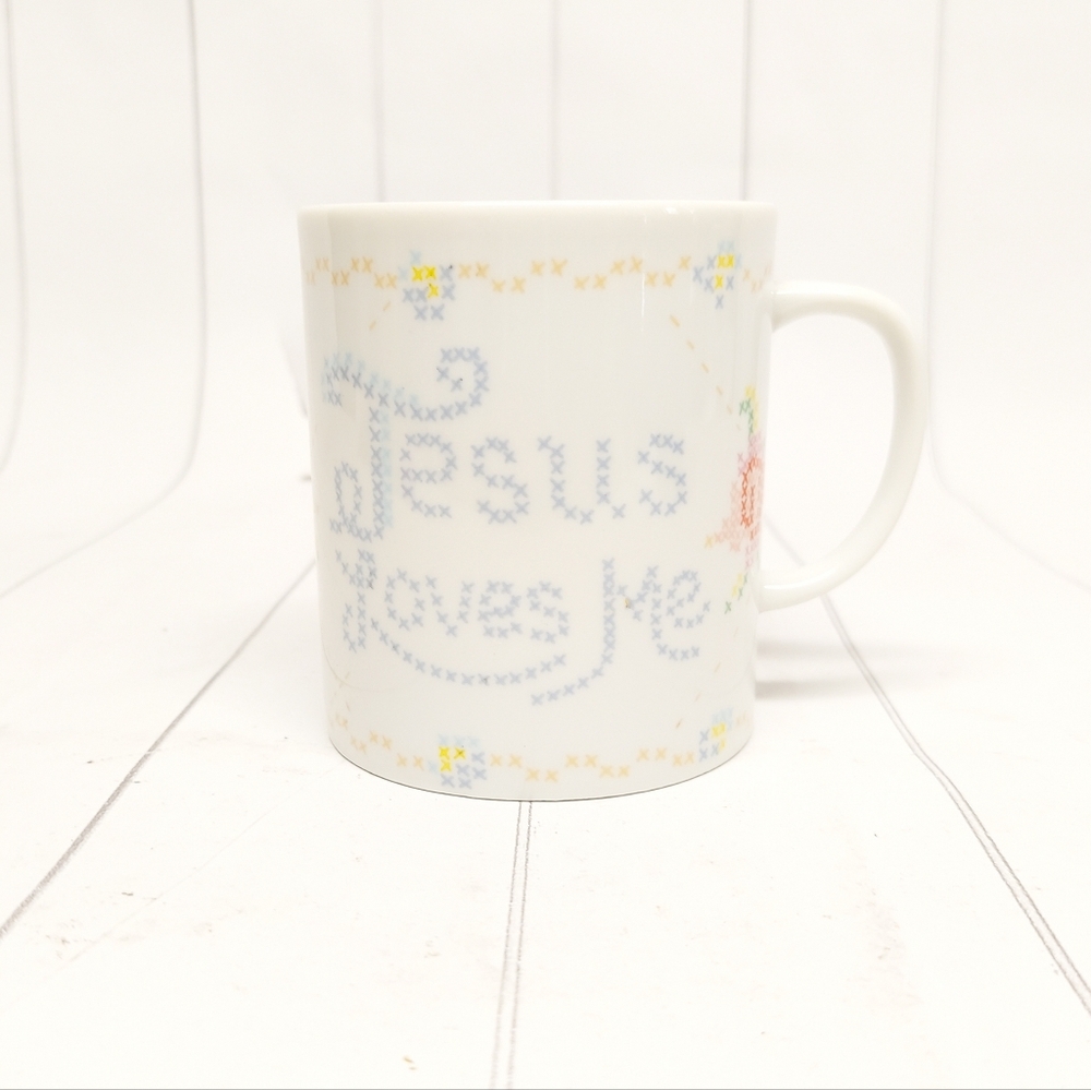Vintage Norcrest "Jesus Loves Me" Ceramic Mug with Cross-Stitch Design
